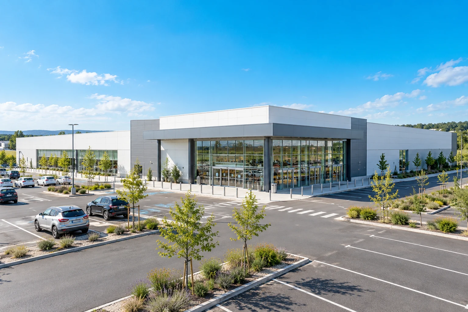 Vue extérieure d’une grande surface commerciale et de son parking