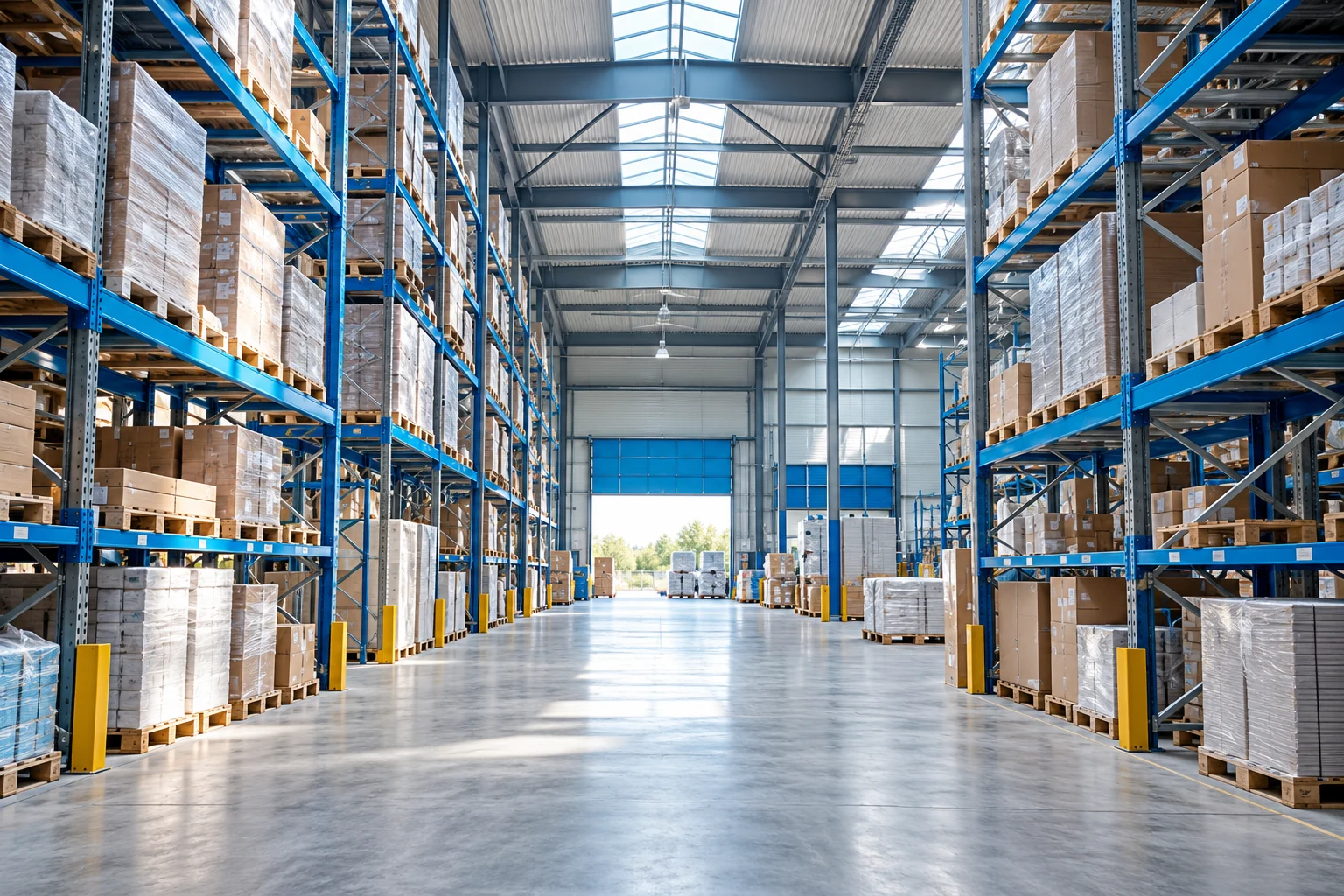 Intérieur d’un hangar de stockage avec rayonnages et palettes